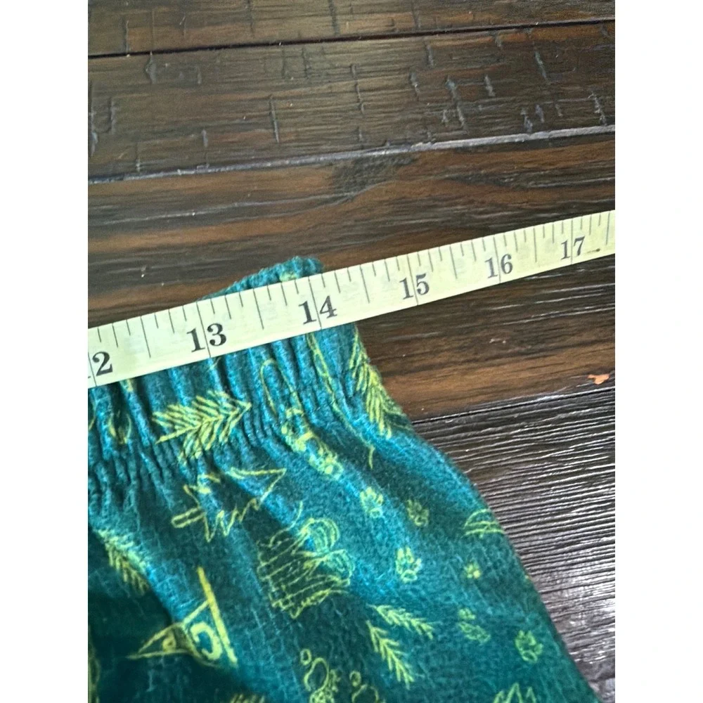 LL Bean Kids Camping Pajama Set Teal Green Waffle Knit Tent Print 2pc Sleepwear